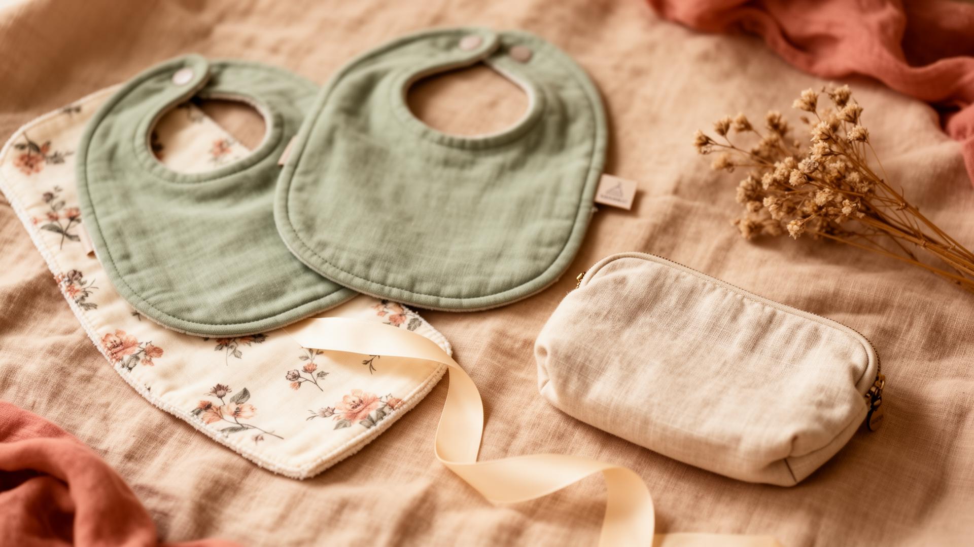 Handmade sage green baby bibs, floral burp cloth and linen purse